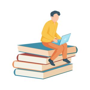 Boy student sitting on stack of books with laptop flat icon vector illustration